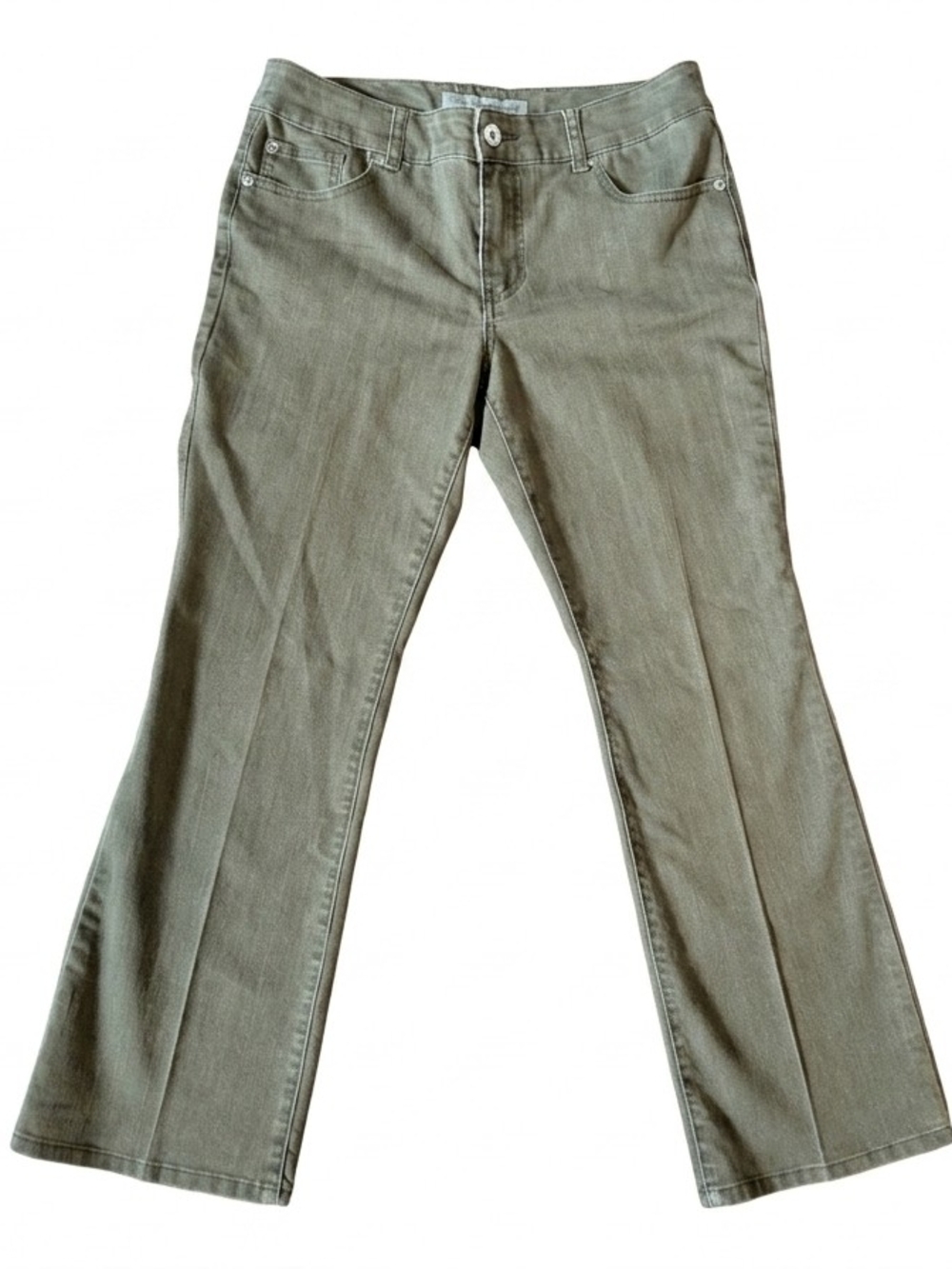 Chicos Platinum Denim Jeans 0.5 6S Olive Green Flare Trouser Stretch Earthy Chic
